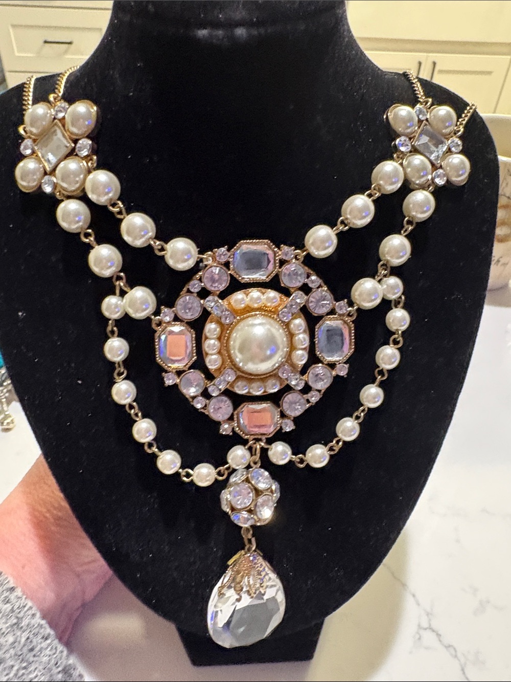 Statement Pearl and Crystal Bib Necklace in White and Gold